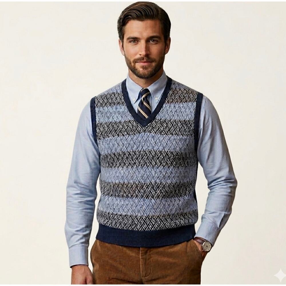 Brooks Brothers Mens Navy Blue Striped V-Neck Pullover Sweater Vest XL Preppy